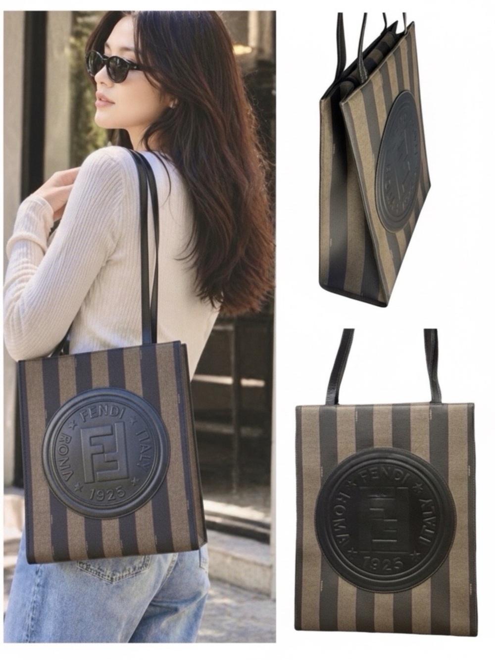 Authentic Fendi Roma Striped Canvas Tote Bag Brown Black Leather L Pequin Tote
